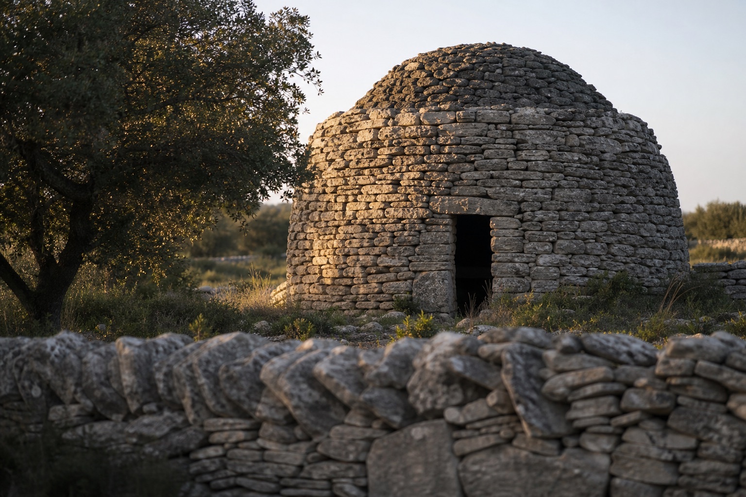 Borie ronde à voûte en encorbellement dans la garrigue, mur de pierre sèche au premier plan, chêne vert à gauche