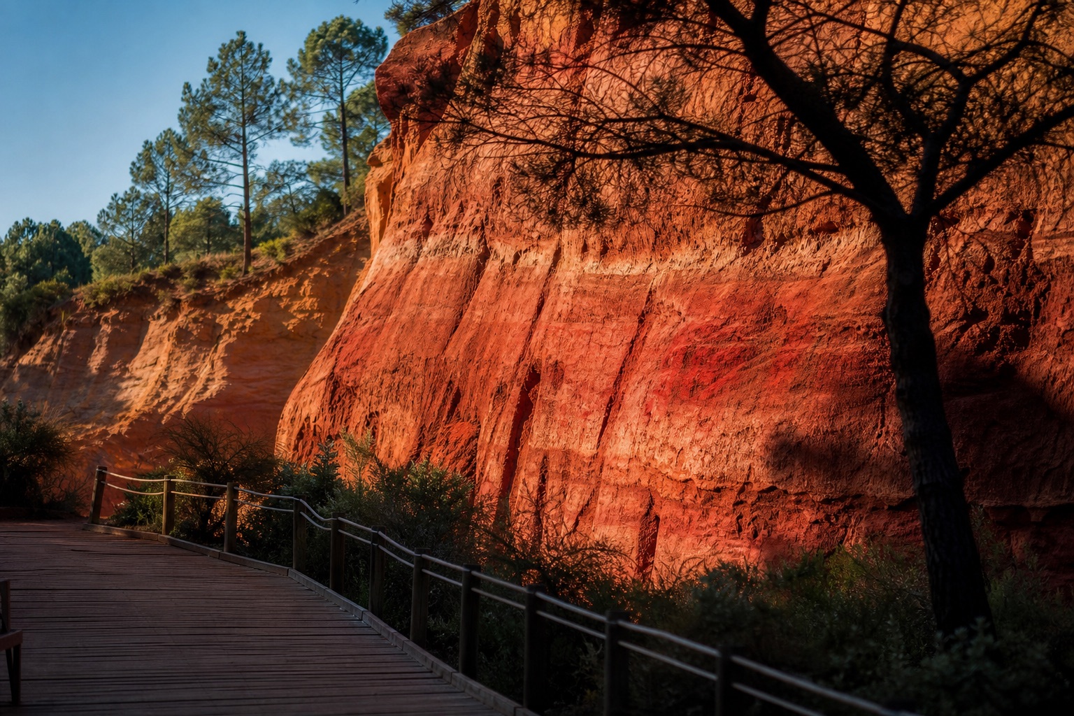 Falaise d'ocre rubanée du sentier des ocres avec caillebotis de bois au premier plan et pin d'Alep en silhouette