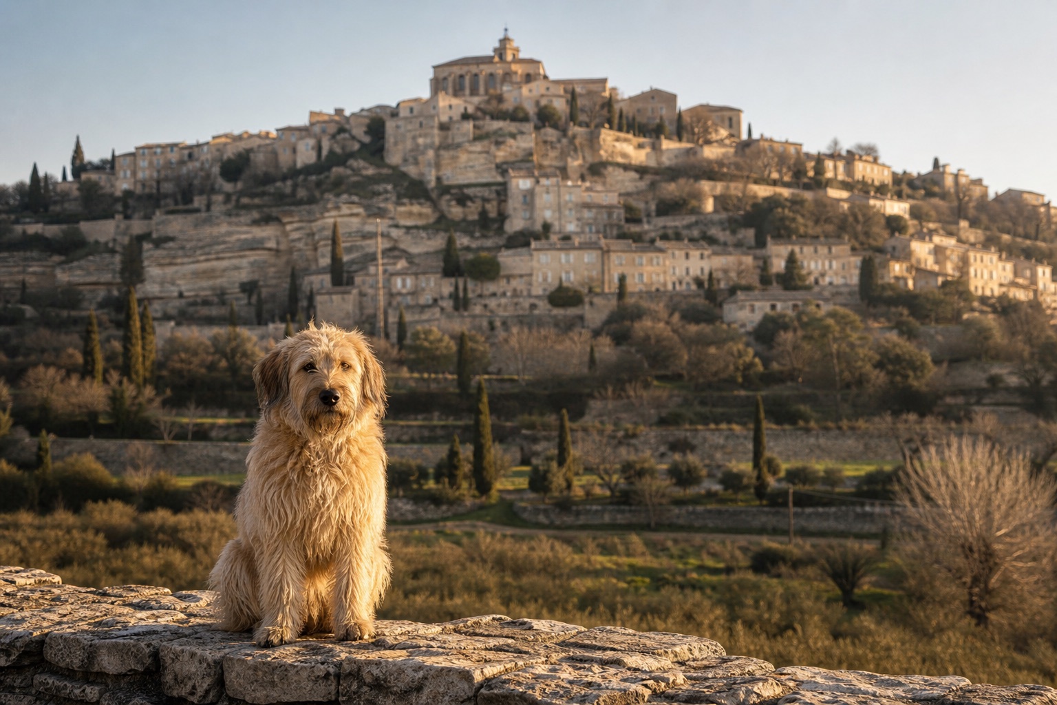 Gordes à la première lumière, maisons de pierre blonde escaladant l'éperon rocheux, château au sommet